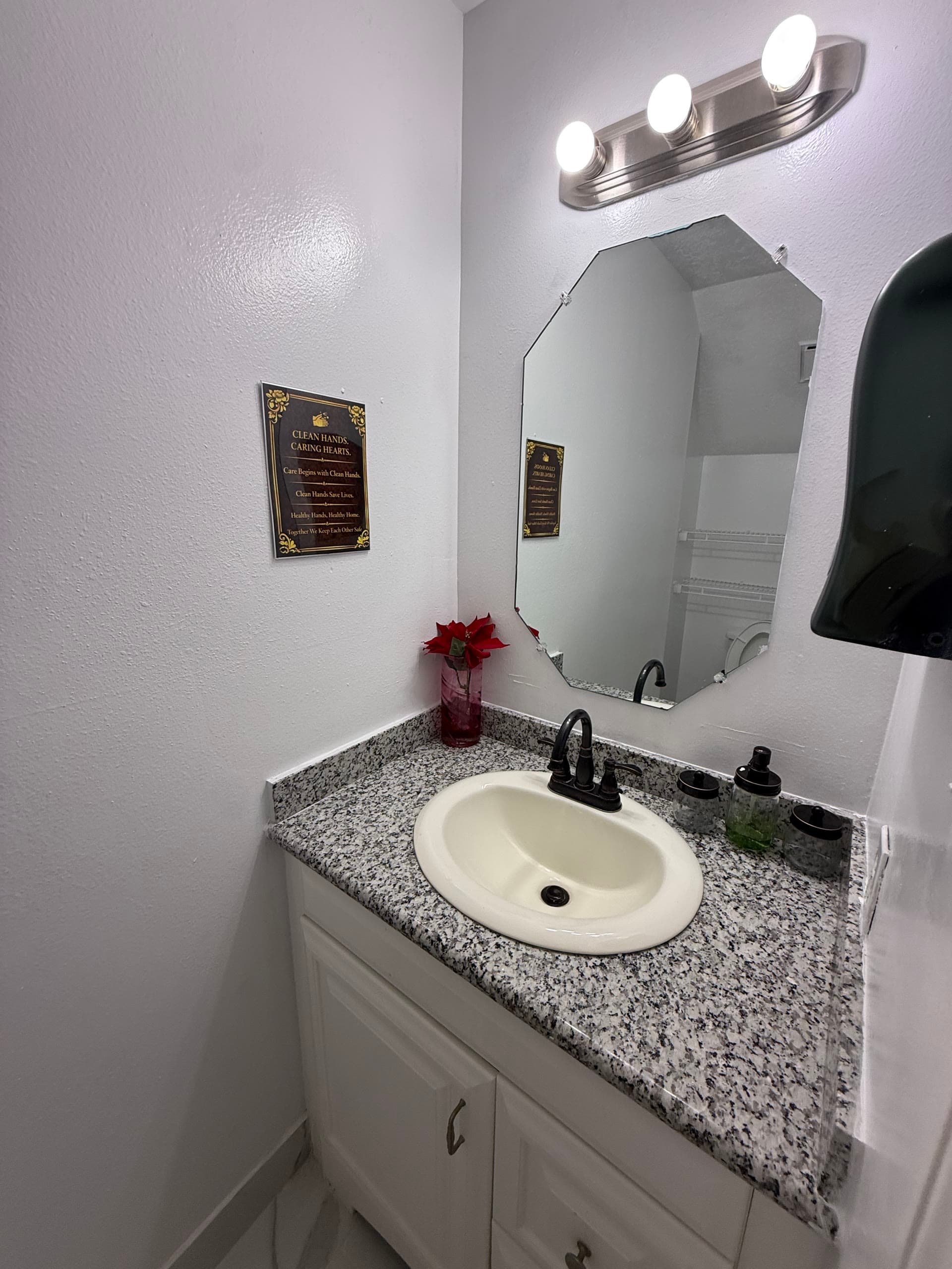 Vanity bathroom with granite counter, mirror, and decorative flower