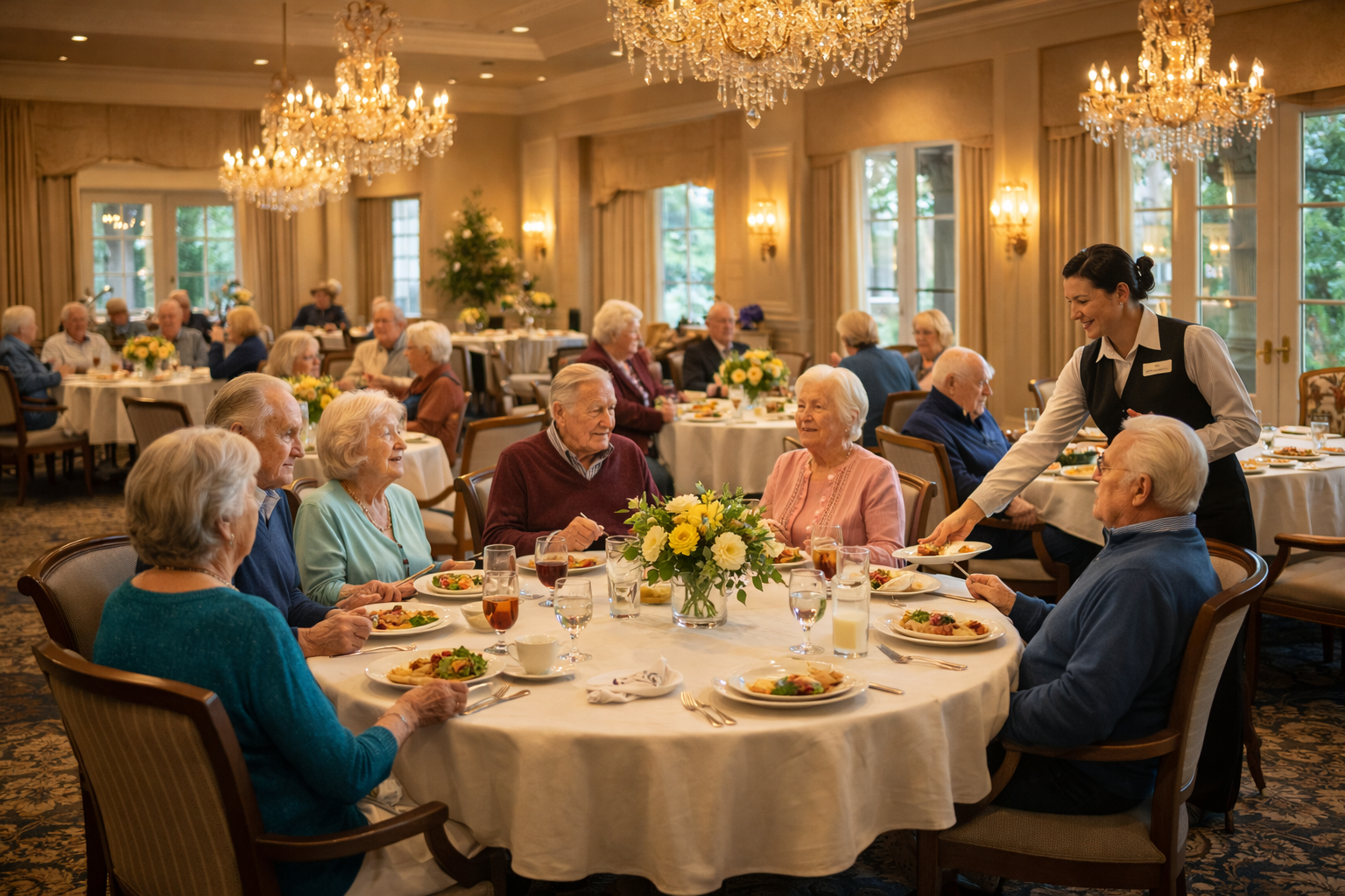 Elegant dining room at Château 529 with residents enjoying a chef-prepared meal