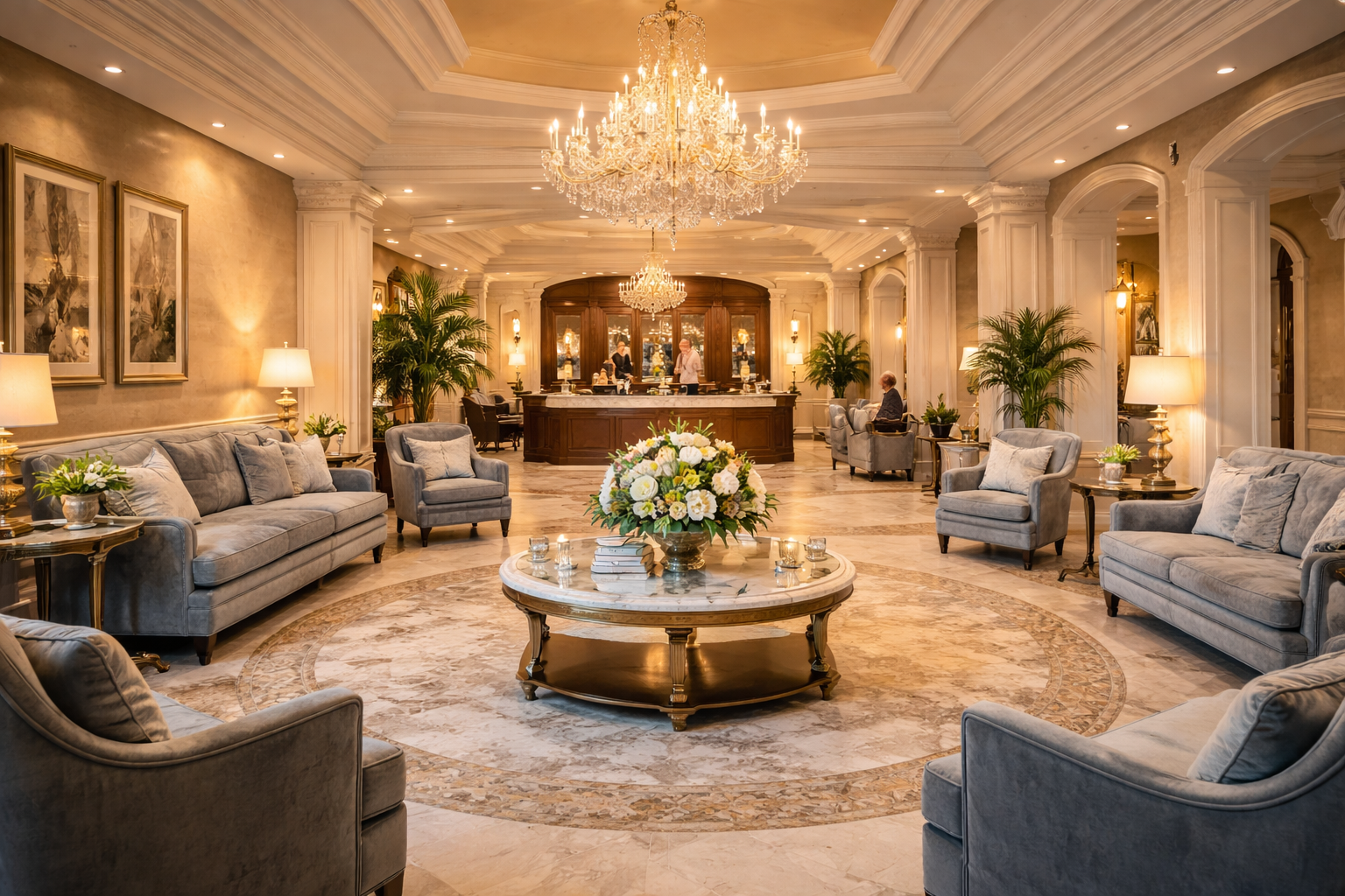 Grand lobby with elegant chandelier and seating